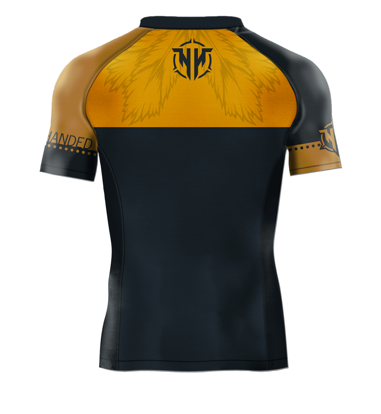Heavy Handed Jiujitsu short sleeve Battle Ready Gold and Blue rashguard back view