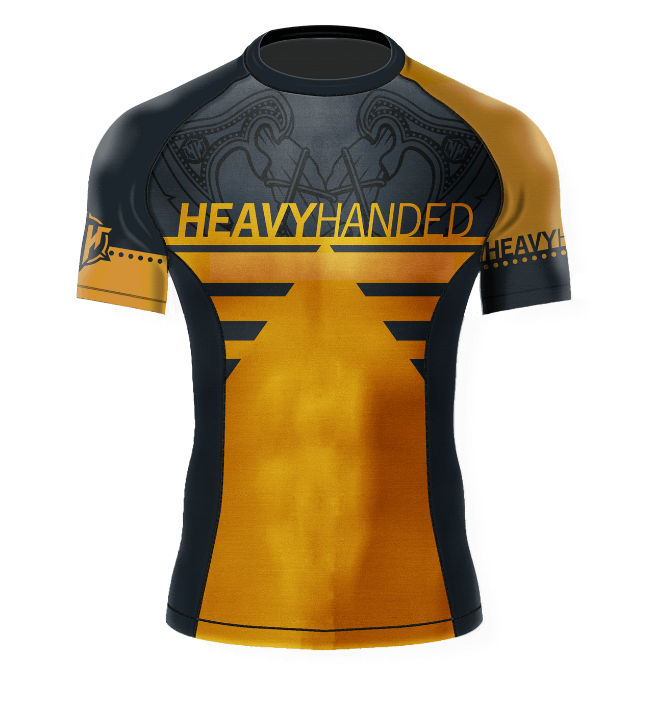 Heavy Handed Jiujitsu short sleeve Battle Ready Gold and Blue rashguard front view