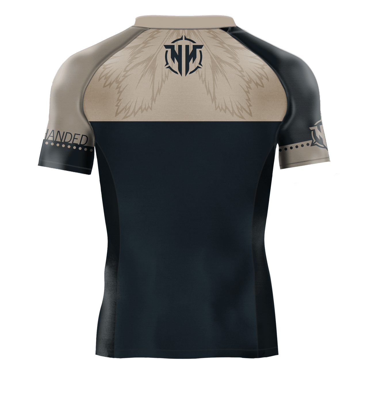 Heavy Handed Jiujitsu short sleeve Battle Ready Tan and Blue rashguard back view