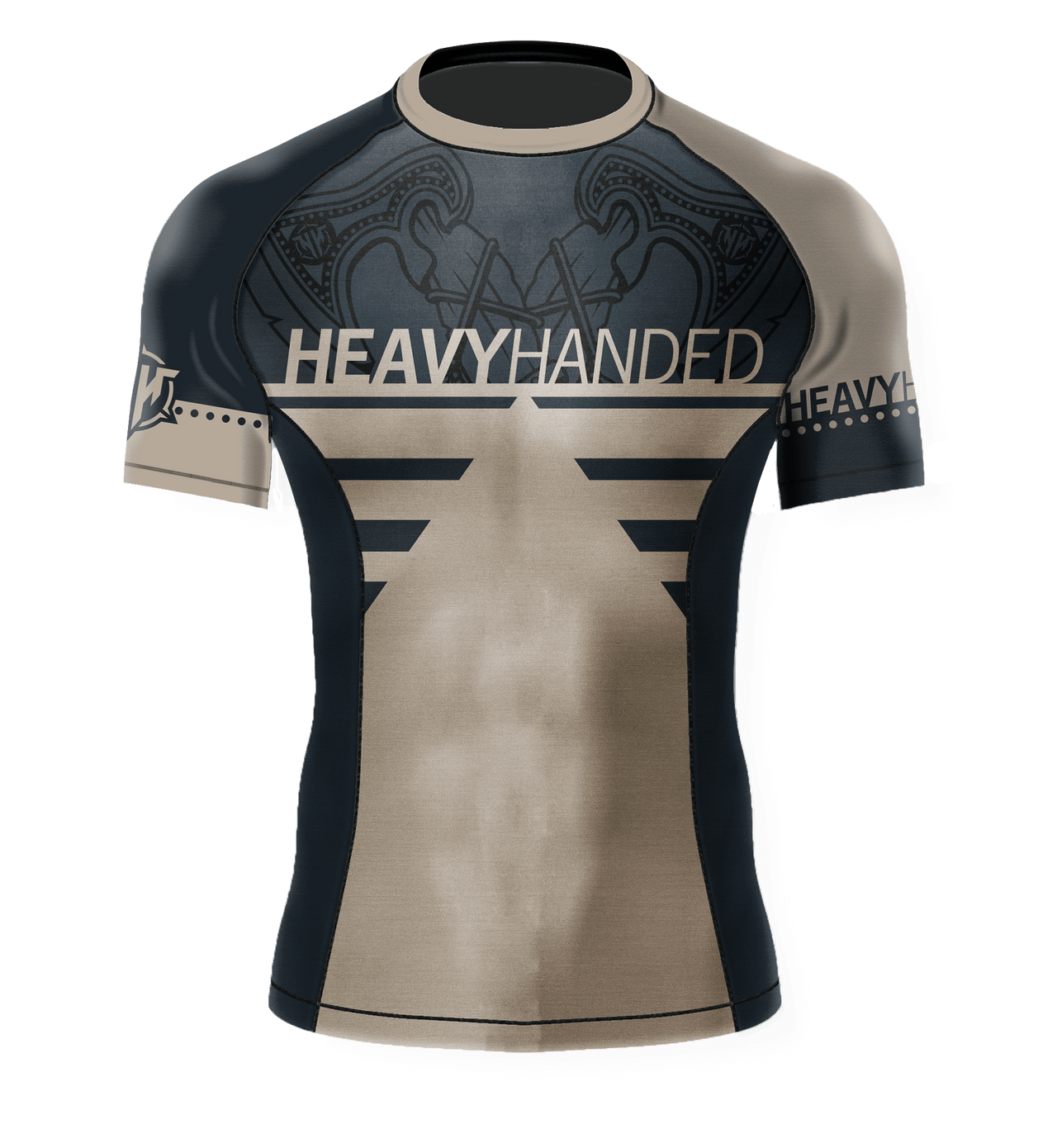 Heavy Handed Jiujitsu short sleeve Battle Ready Tan and Blue rashguard front view