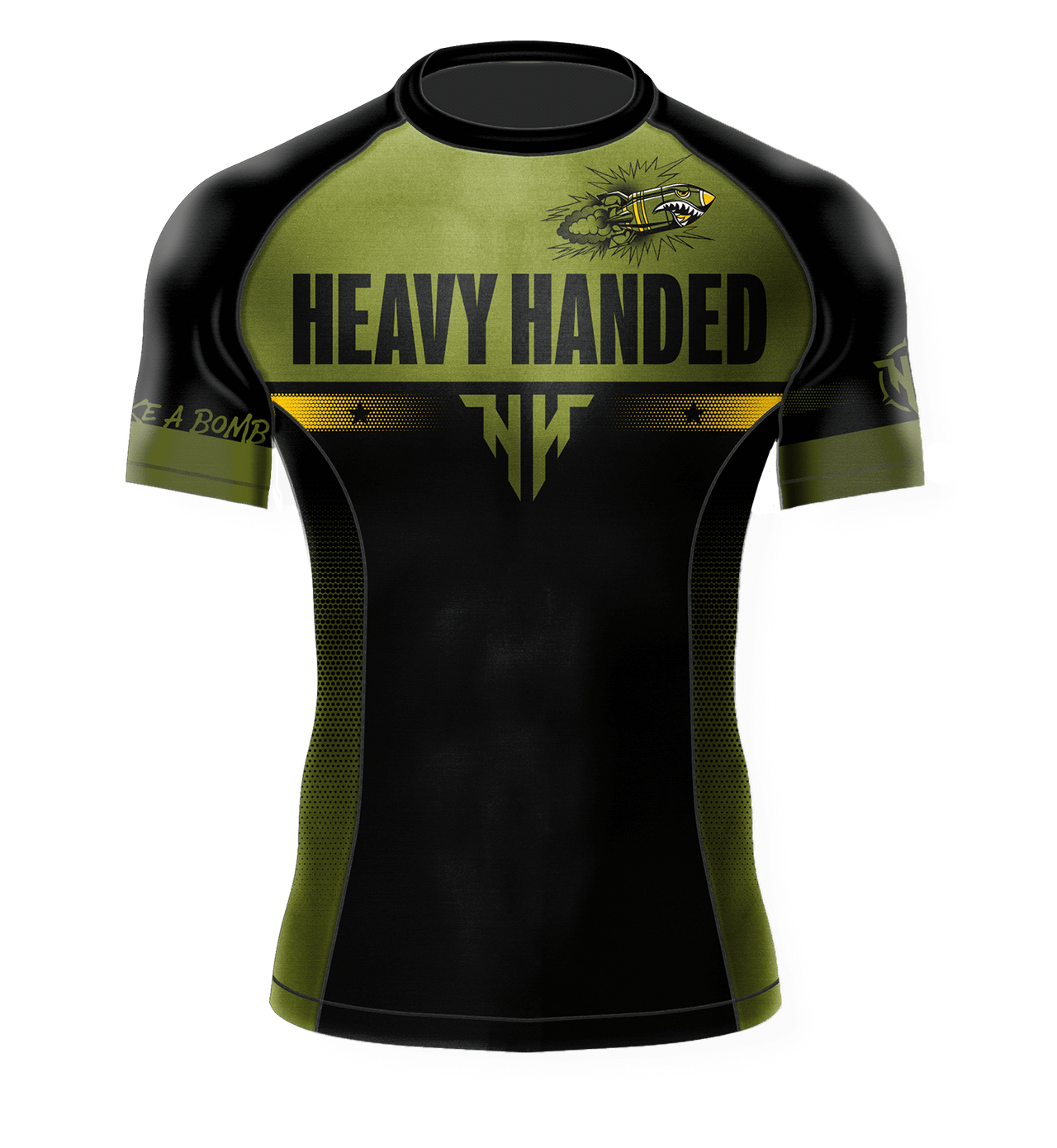 Heavy Handed Jiujitsu short sleeve Calm Like A Bomb Green rashguard front view