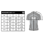 Heavy Handed jiujitsu rashguard size chart with measurements