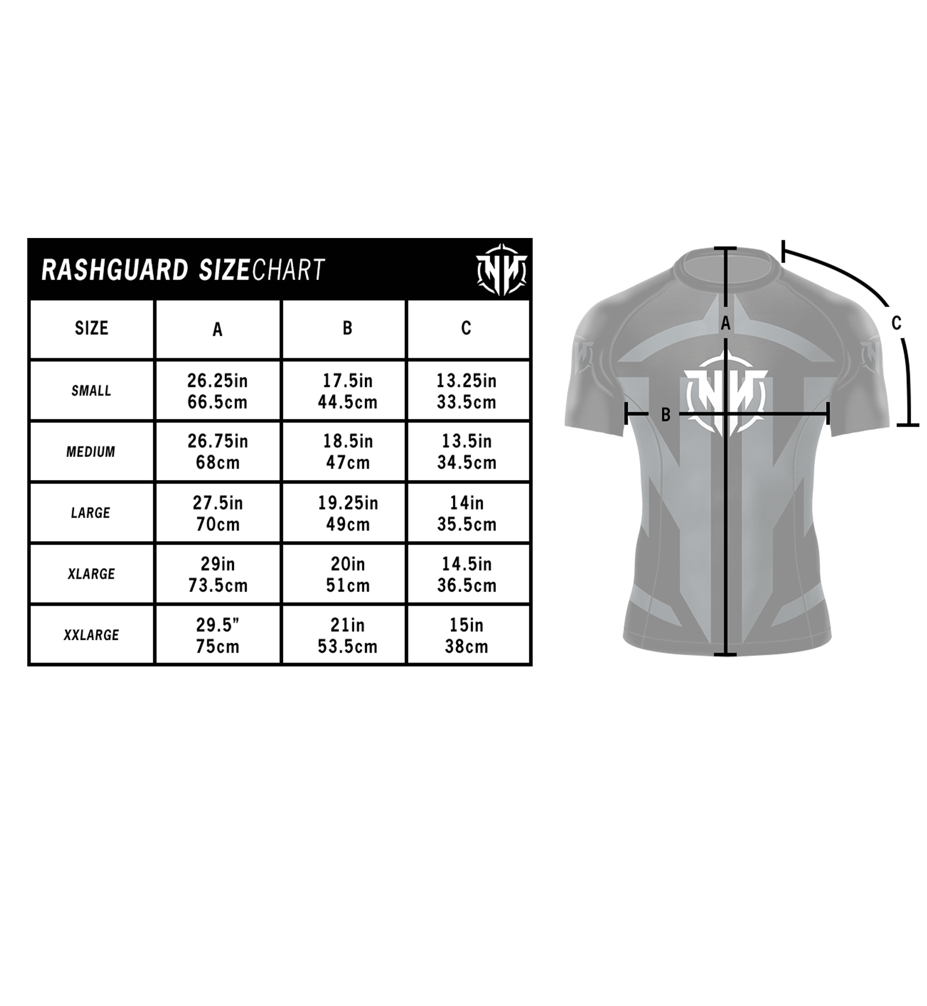 Heavy Handed jiujitsu rashguard size chart with measurements