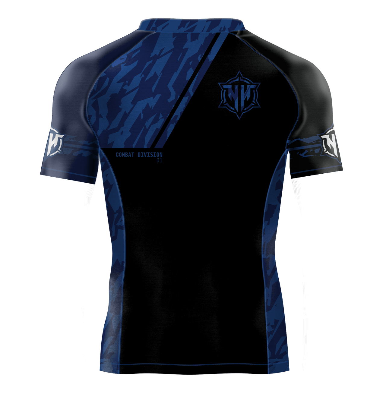 Heavy Handed Jiujitsu short sleeve Combat Division blue ranked rashguard back view