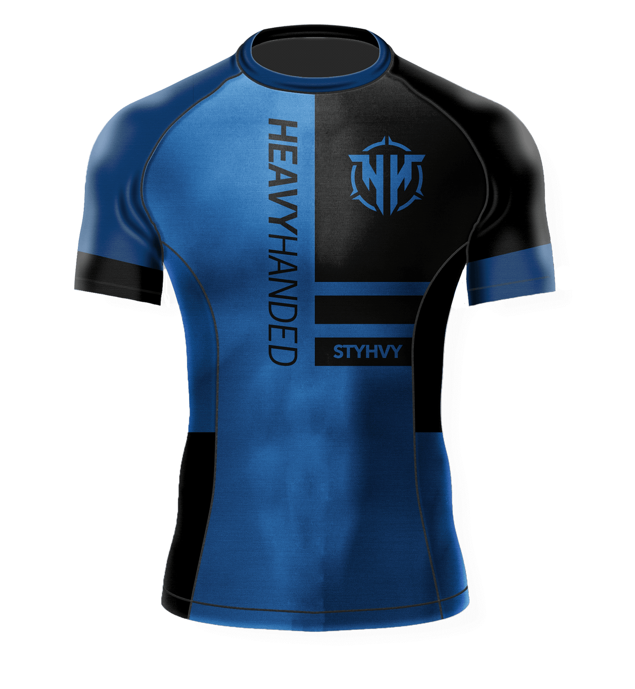 Heavy Handed Jiujitsu short sleeve STYHVY blue ranked rashguard front view